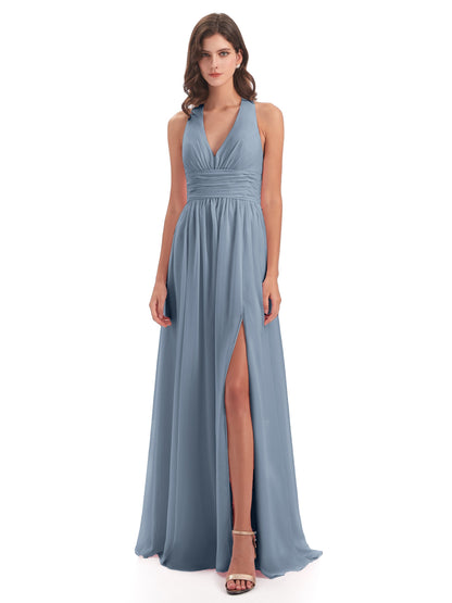 Emily Floor Length V Neck Split Chiffon Bridesmaid Dresses