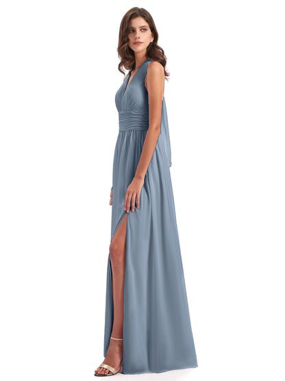 Emily Floor Length V Neck Split Chiffon Bridesmaid Dresses