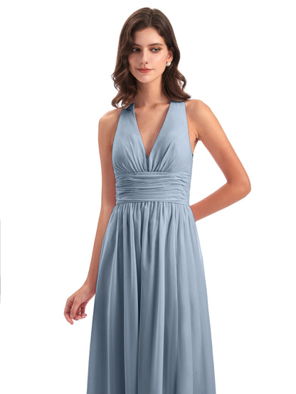 Emily Floor Length V Neck Split Chiffon Bridesmaid Dresses