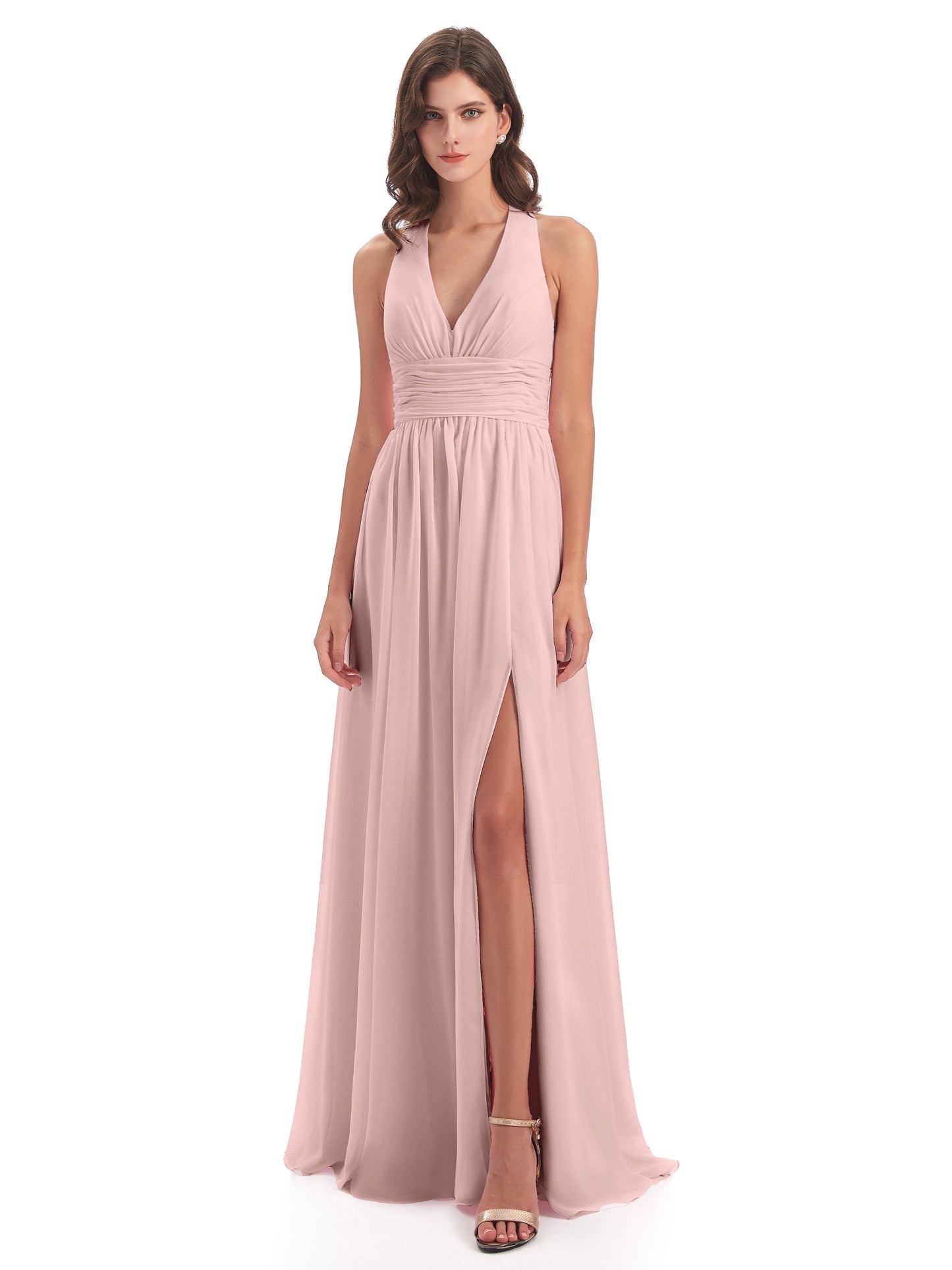 Emily Floor Length V Neck Split Chiffon Bridesmaid Dresses