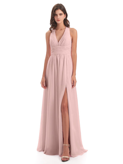 Emily Floor Length V Neck Split Chiffon Bridesmaid Dresses