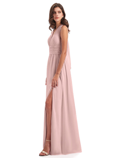 Emily Floor Length V Neck Split Chiffon Bridesmaid Dresses