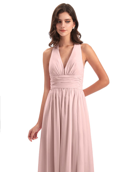 Emily Floor Length V Neck Split Chiffon Bridesmaid Dresses