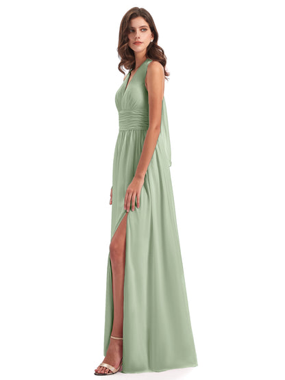 Emily Floor Length V Neck Split Chiffon Bridesmaid Dresses