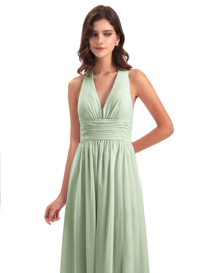 Emily Floor Length V Neck Split Chiffon Bridesmaid Dresses