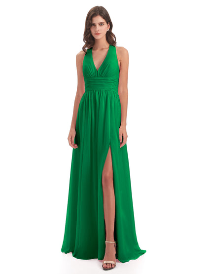 Emily Floor Length V Neck Split Chiffon Bridesmaid Dresses