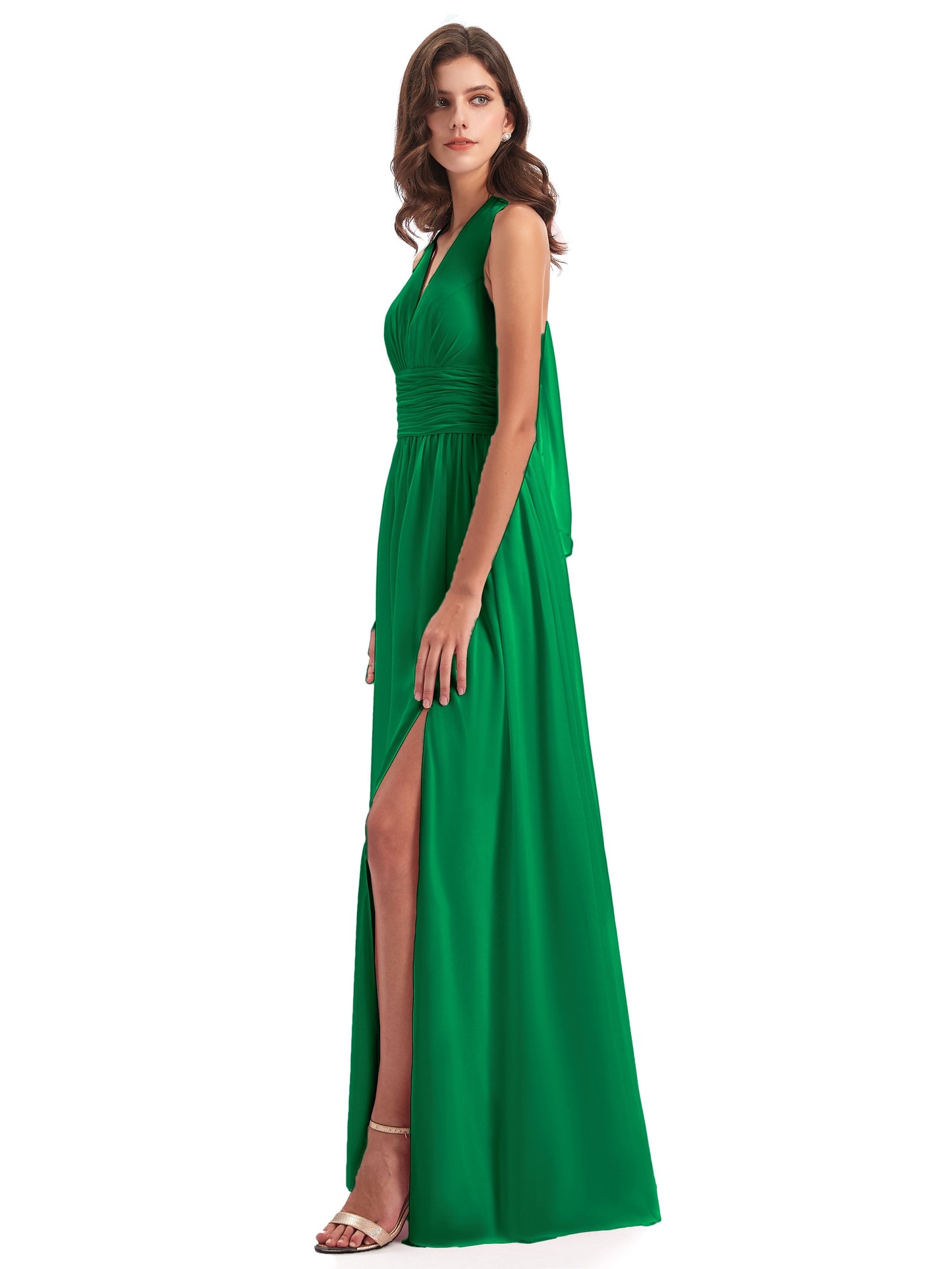 Emily Floor Length V Neck Split Chiffon Bridesmaid Dresses