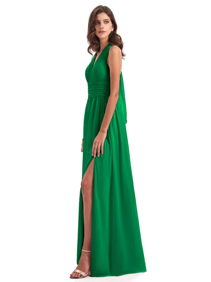 Emily Floor Length V Neck Split Chiffon Bridesmaid Dresses