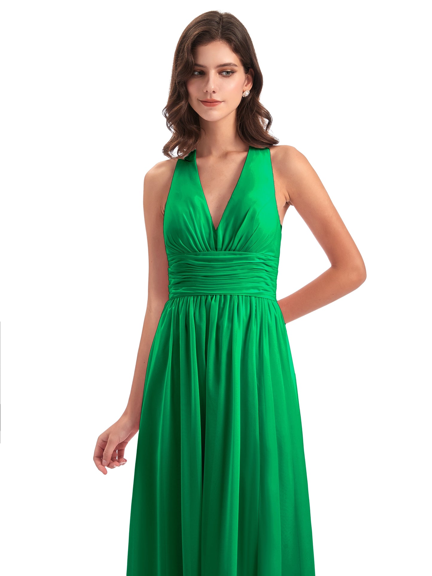 Emily Floor Length V Neck Split Chiffon Bridesmaid Dresses