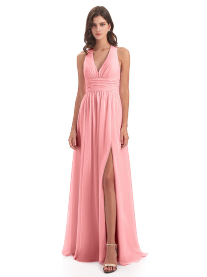 Emily Floor Length V Neck Split Chiffon Bridesmaid Dresses