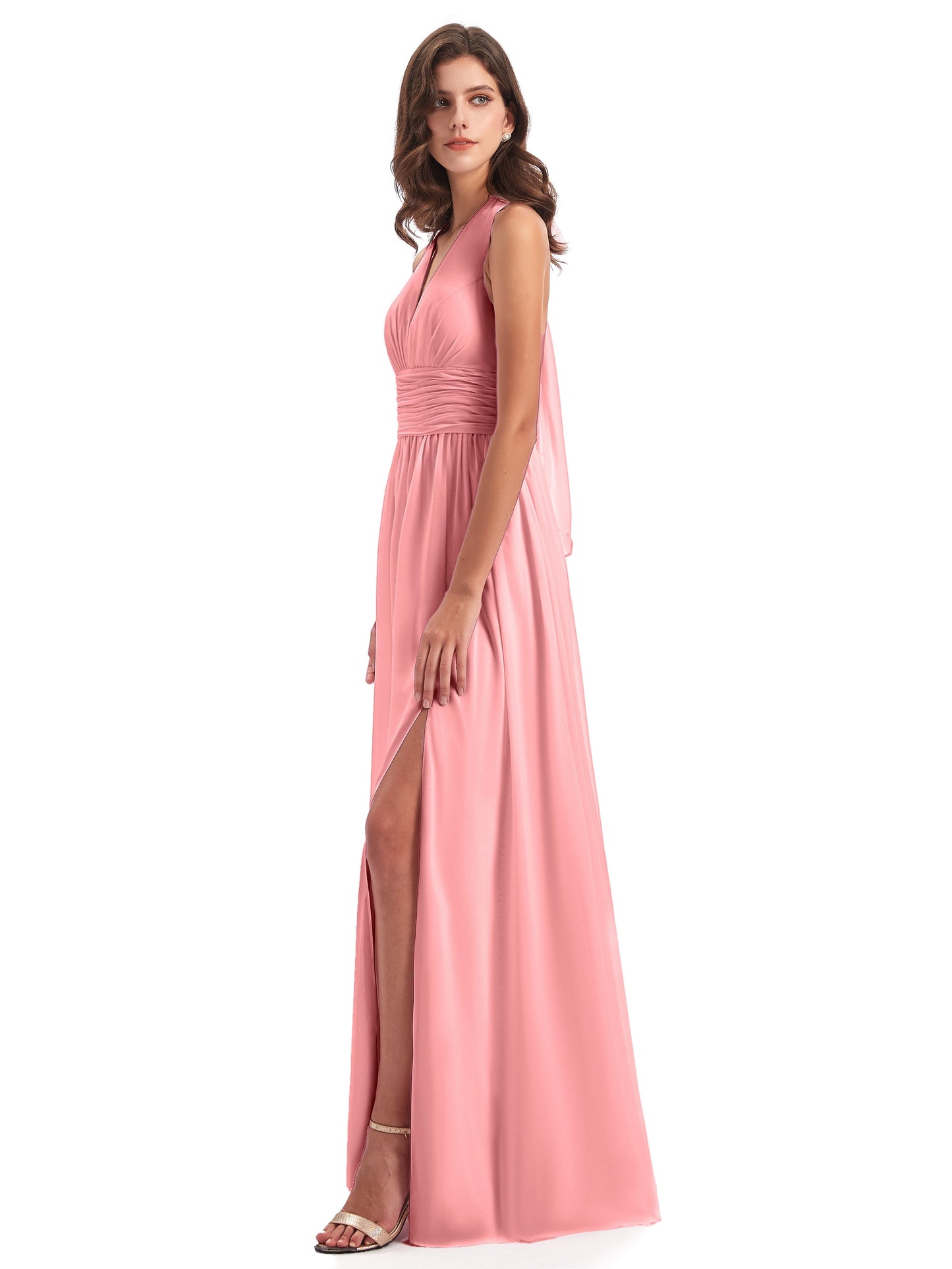 Emily Floor Length V Neck Split Chiffon Bridesmaid Dresses