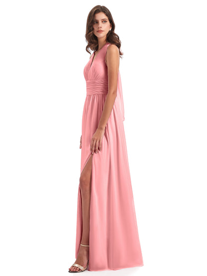Emily Floor Length V Neck Split Chiffon Bridesmaid Dresses