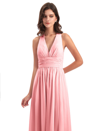 Emily Floor Length V Neck Split Chiffon Bridesmaid Dresses