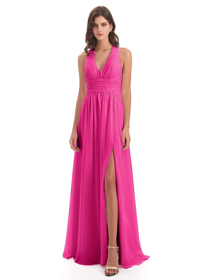 Emily Floor Length V Neck Split Chiffon Bridesmaid Dresses