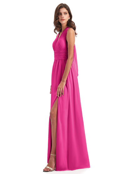 Emily Floor Length V Neck Split Chiffon Bridesmaid Dresses