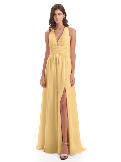Emily Floor Length V Neck Split Chiffon Bridesmaid Dresses