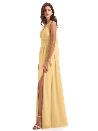 Emily Floor Length V Neck Split Chiffon Bridesmaid Dresses