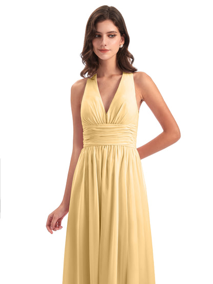 Emily Floor Length V Neck Split Chiffon Bridesmaid Dresses