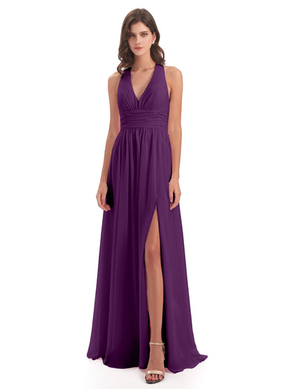 Emily Floor Length V Neck Split Chiffon Bridesmaid Dresses