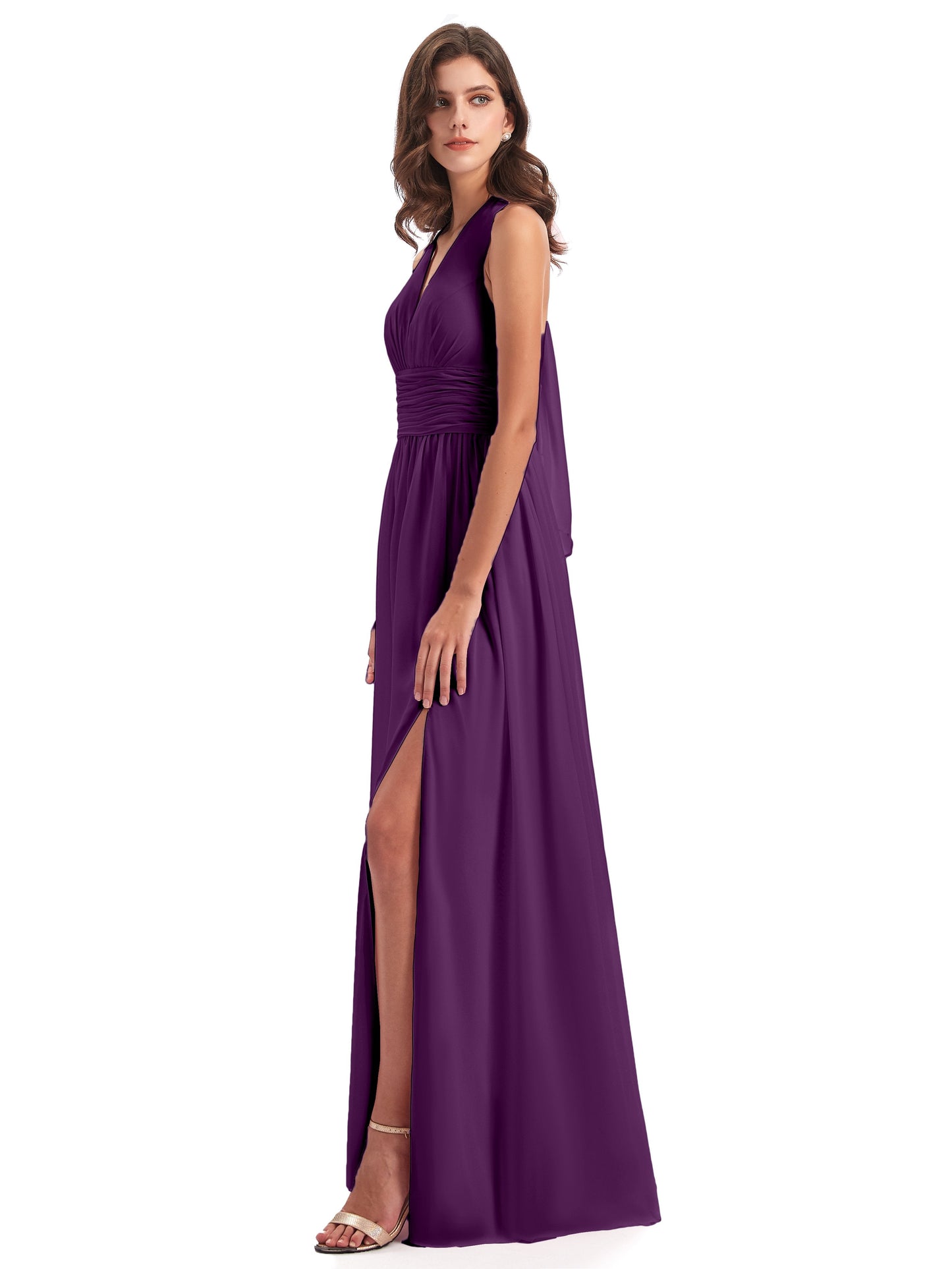 Emily Floor Length V Neck Split Chiffon Bridesmaid Dresses