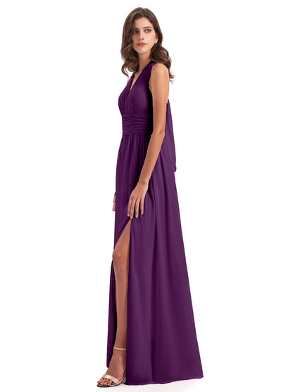 Emily Floor Length V Neck Split Chiffon Bridesmaid Dresses