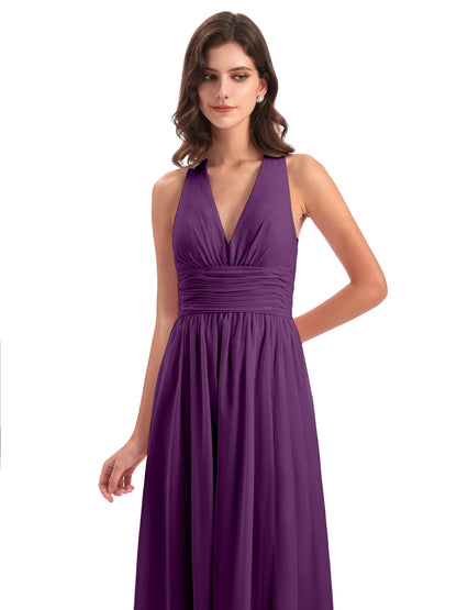 Emily Floor Length V Neck Split Chiffon Bridesmaid Dresses