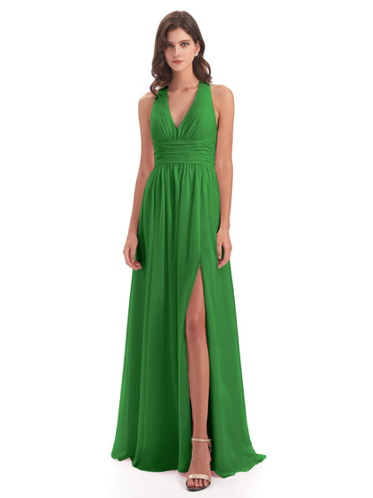 Emily Floor Length V Neck Split Chiffon Bridesmaid Dresses