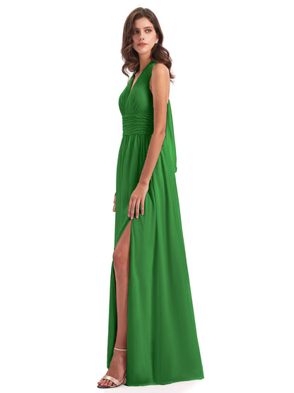 Emily Floor Length V Neck Split Chiffon Bridesmaid Dresses