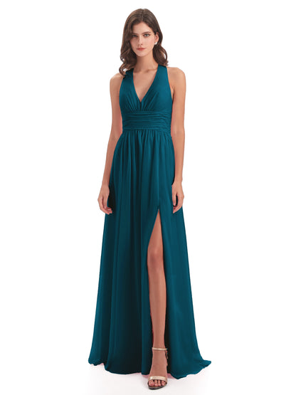 Emily Floor Length V Neck Split Chiffon Bridesmaid Dresses