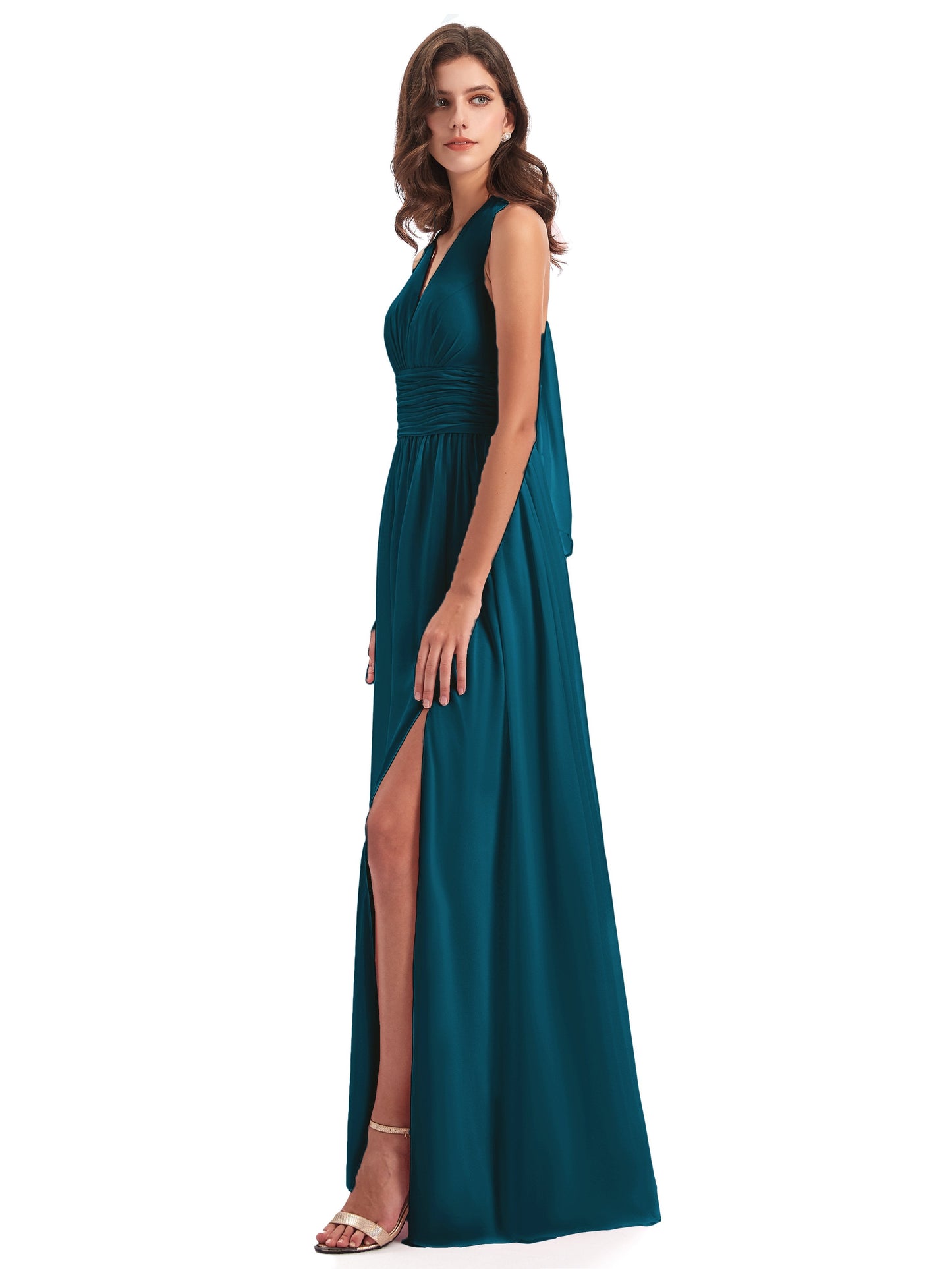 Emily Floor Length V Neck Split Chiffon Bridesmaid Dresses