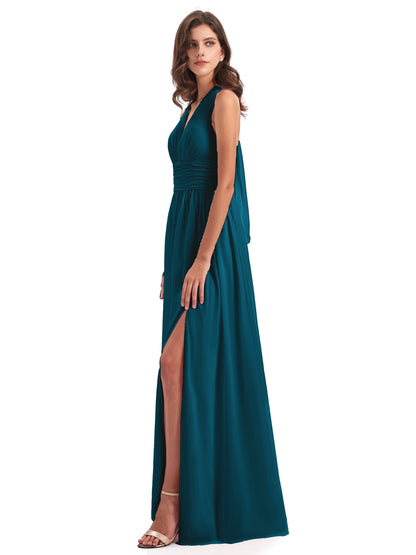 Emily Floor Length V Neck Split Chiffon Bridesmaid Dresses