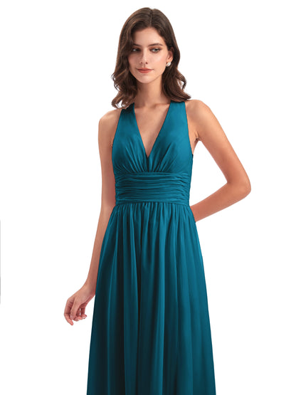 Emily Floor Length V Neck Split Chiffon Bridesmaid Dresses