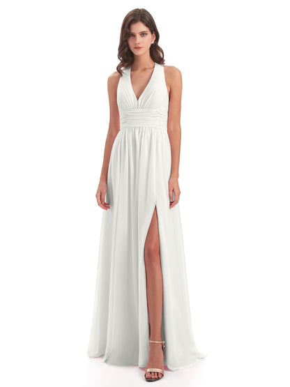 Emily Floor Length V Neck Split Chiffon Bridesmaid Dresses