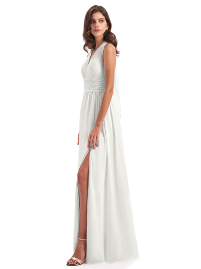 Emily Floor Length V Neck Split Chiffon Bridesmaid Dresses