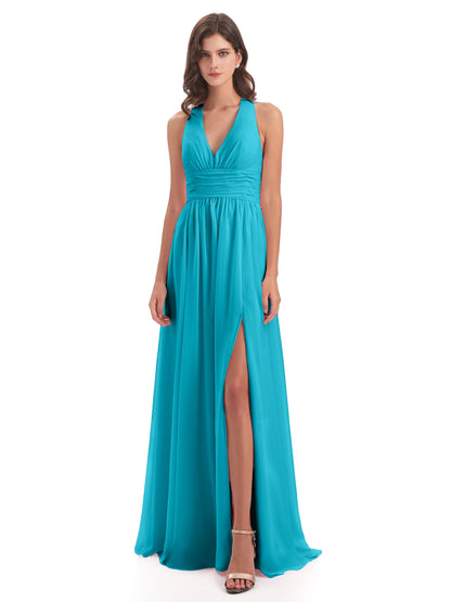 Emily Floor Length V Neck Split Chiffon Bridesmaid Dresses