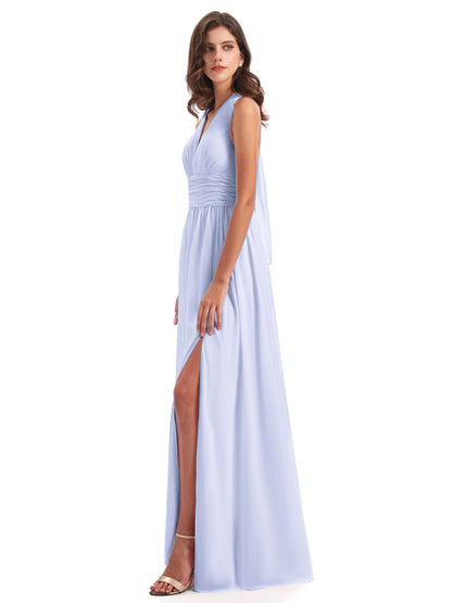 Emily Floor Length V Neck Split Chiffon Bridesmaid Dresses