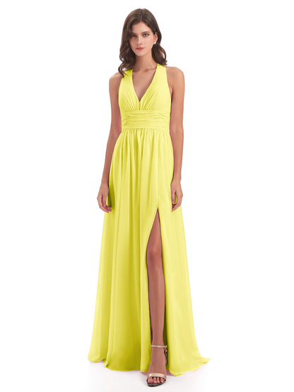 Emily Floor Length V Neck Split Chiffon Bridesmaid Dresses
