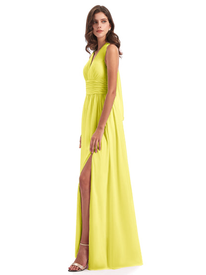 Emily Floor Length V Neck Split Chiffon Bridesmaid Dresses