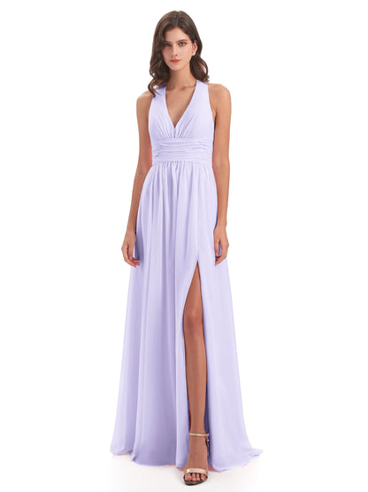 Emily Floor Length V Neck Split Chiffon Bridesmaid Dresses
