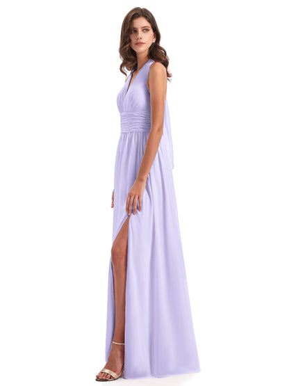 Emily Floor Length V Neck Split Chiffon Bridesmaid Dresses