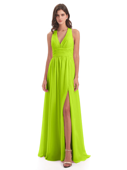 Emily Floor Length V Neck Split Chiffon Bridesmaid Dresses