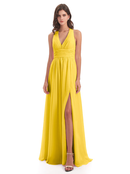 Emily Floor Length V Neck Split Chiffon Bridesmaid Dresses