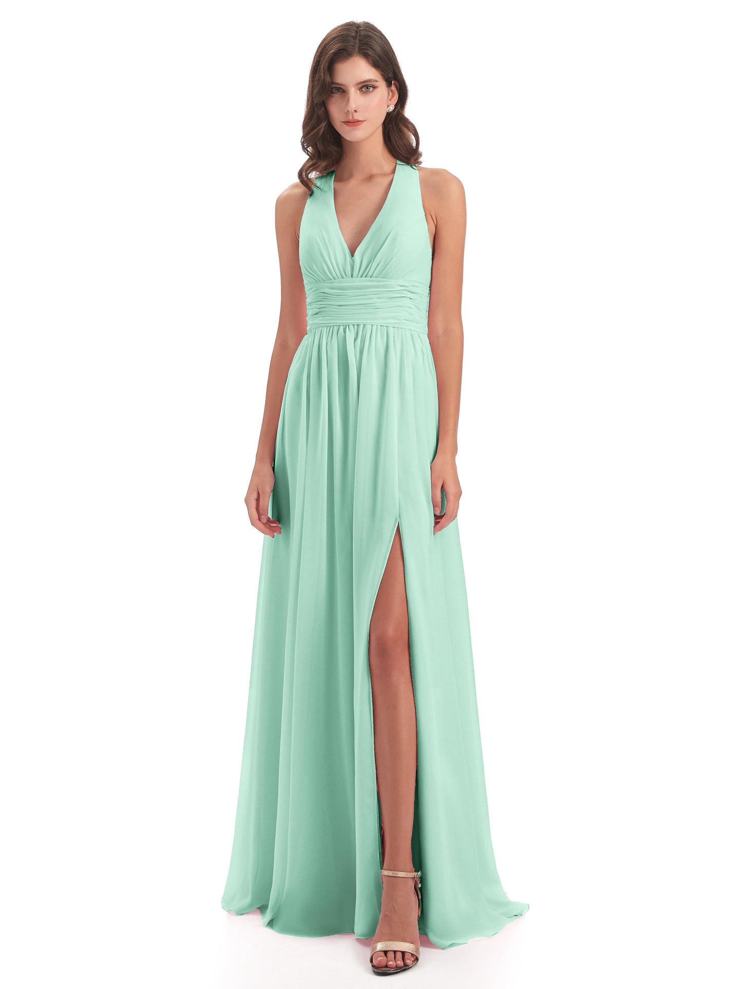 Emily Floor Length V Neck Split Chiffon Bridesmaid Dresses