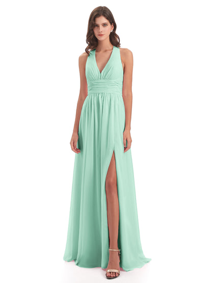 Emily Floor Length V Neck Split Chiffon Bridesmaid Dresses