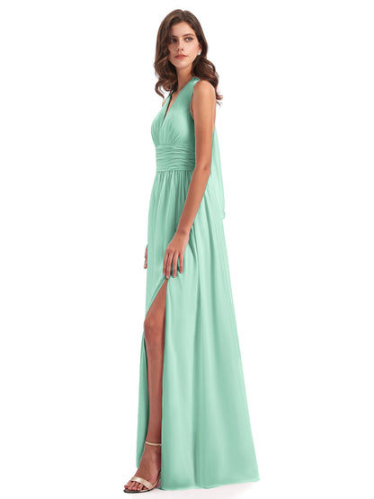 Emily Floor Length V Neck Split Chiffon Bridesmaid Dresses