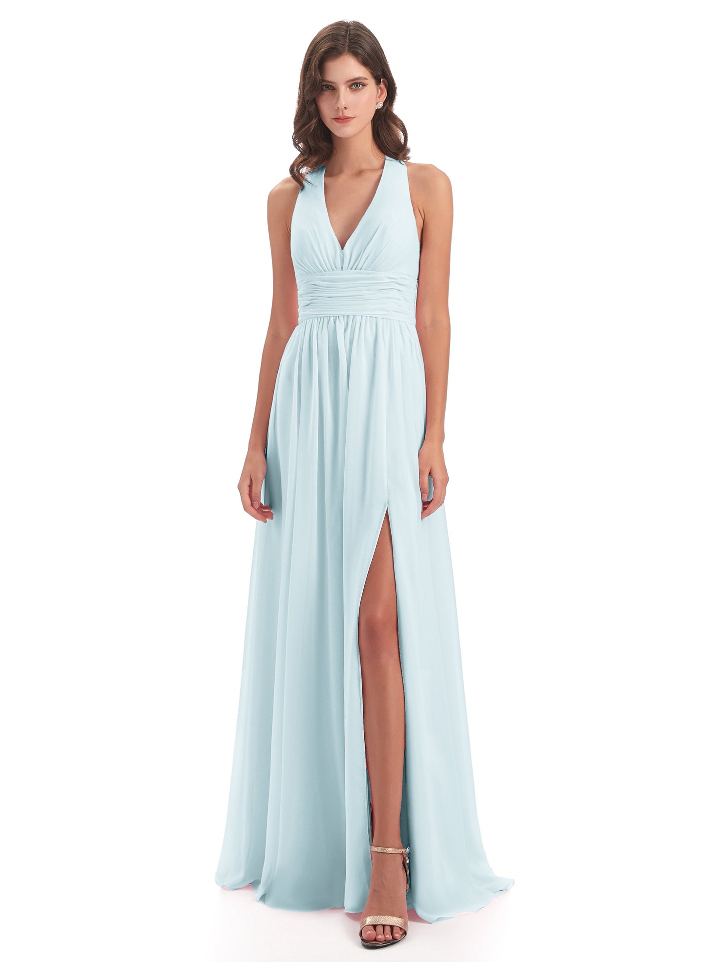 Emily Floor Length V Neck Split Chiffon Bridesmaid Dresses