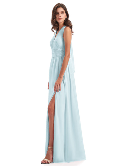 Emily Floor Length V Neck Split Chiffon Bridesmaid Dresses