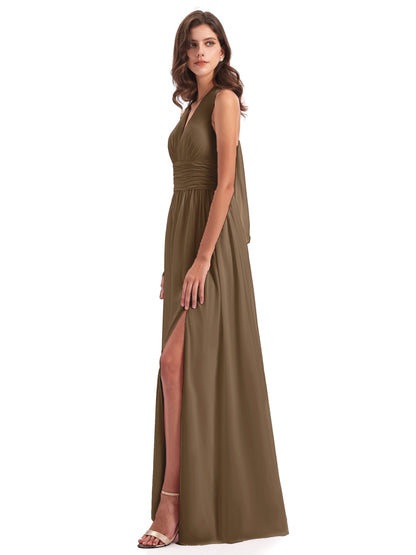 Emily Floor Length V Neck Split Chiffon Bridesmaid Dresses