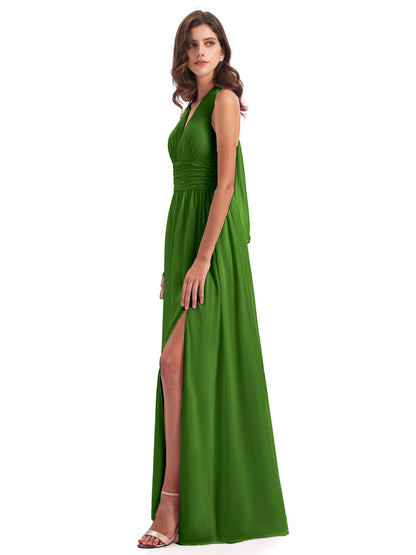 Emily Floor Length V Neck Split Chiffon Bridesmaid Dresses