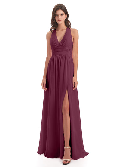 Emily Floor Length V Neck Split Chiffon Bridesmaid Dresses